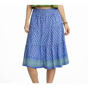 Rhea Tiered Skirt Blue Moroccan Print L 100% Cotton Smocked Waist NWT